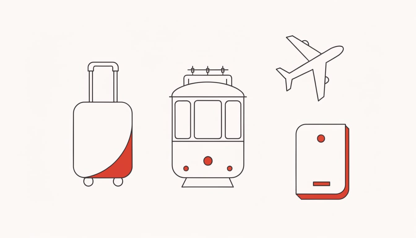 Illustration of a suitcase, a classic Lisbon tram, an airplane and a passport representing moving to Portugal