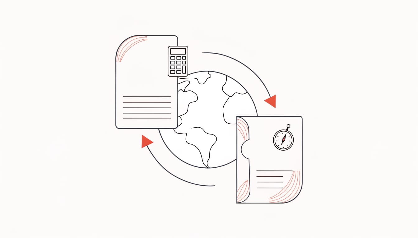 Illustration of cross-border tax documents, a globe, a calculator and a compass representing US expat taxes in Portugal